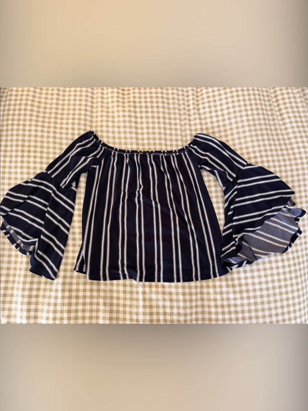 Express Navy and White Off-Shoulder Stripe Bell Sleeve Top